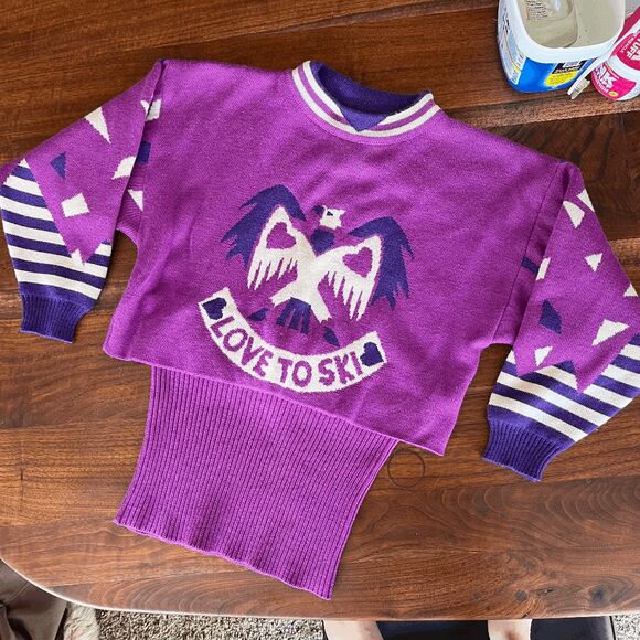 VTG Eisbar Austria Wool Ski Sweater 38 Purple Eagle Love To Ski Graphic - Picture 1 of 9